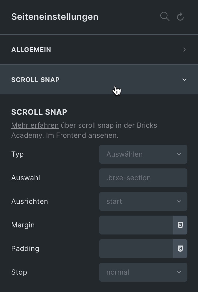 scroll snap seiteneinstellungen tab